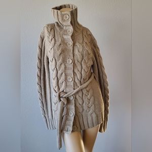 ARIZONA JEAN COMPANY KHAKI TAN CABLEKNIT CARDIGAN SWEATER LARGE